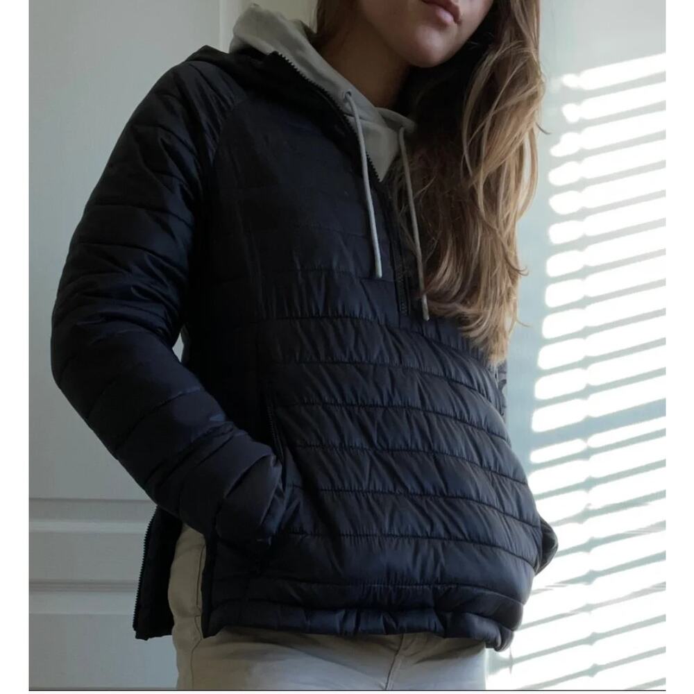 Everlane ReNew Lightweight Half-Zip Puffer Women Medium Black Excellent Hooded